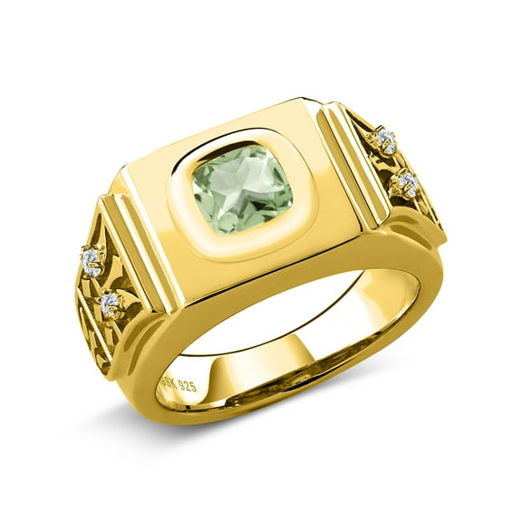 Gem Stone King 18K Yellow Gold Plated Silver Men's Ring Cushion Green Prasiolite and Moissanite (2.08 Cttw, Size 10)