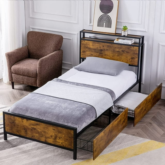 GAZHOME Twin Bed Frame with 2 Storage Drawers - Platform Bed Frame with 2-Tier Headboard, Strong Metal Slat Support and 10.5inch Under Bed Storage for Bedroom, No Box Spring Needed, Easy Assembly