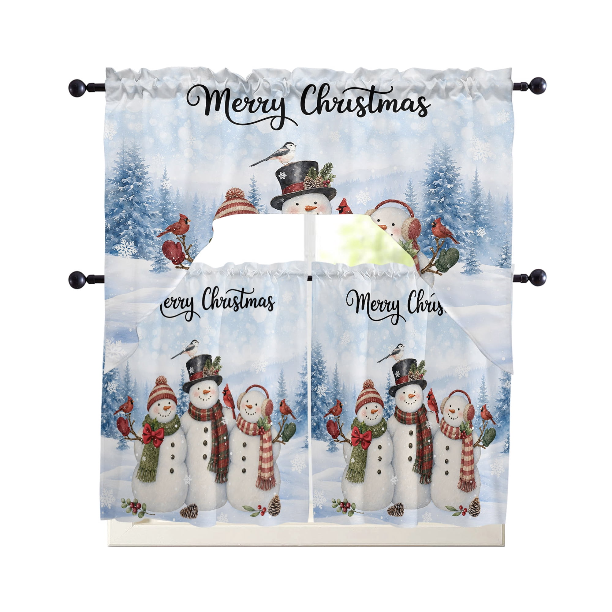 Red Snowman Christmas Kitchen Curtains Set for Windows 3 Piece Cafe Curtains 36 Inch Length Swag Curtains Valances and Tier Set Blue Snow Forest Xmas Trees Drapes for Bedroom Bathroom Living Room