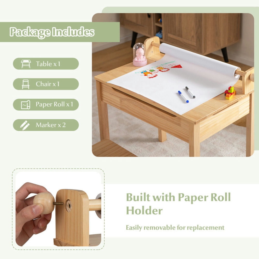 Kadyn Children Kids Table Chair Set,Children Playroom Table Chair Set,Toddler Multifunctional Activity Table and Chair Set with Paper Roll Holder-Natural