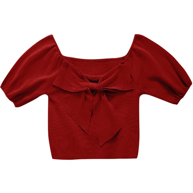 Qarigey Camisa de punto Bowknot Camiseta de color sólido Manga corta Top fino de verano Prendas para la parte del cuerpo Vino rojo