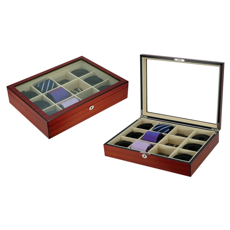 Tie Display Case for 12 Ties Ebony Walnut Two Level Storage Box