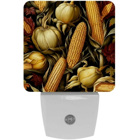 

Thanksgiving corn LED Square Night Light - Energy Efficient Plug-in Nightlight with Auto Sensor for Bedroom Bathroom and Hallway - Soft Glow Illumination - White Pack of 2