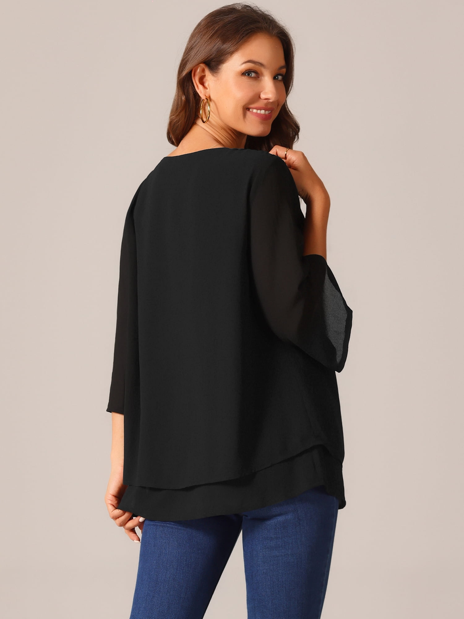 DARING DIVA Women's 3/4 Sleeve Chiffon Casual Crew Neck Blouses L Black
