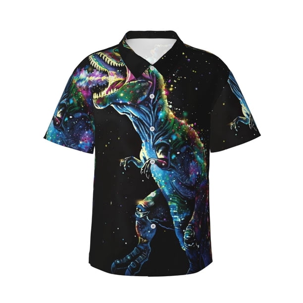 Balery colorful flames dinosaur Camisas hawaianas de manga corta para hombre, camisas playeras de corte holgado, camisas de vacaciones con botones,Large