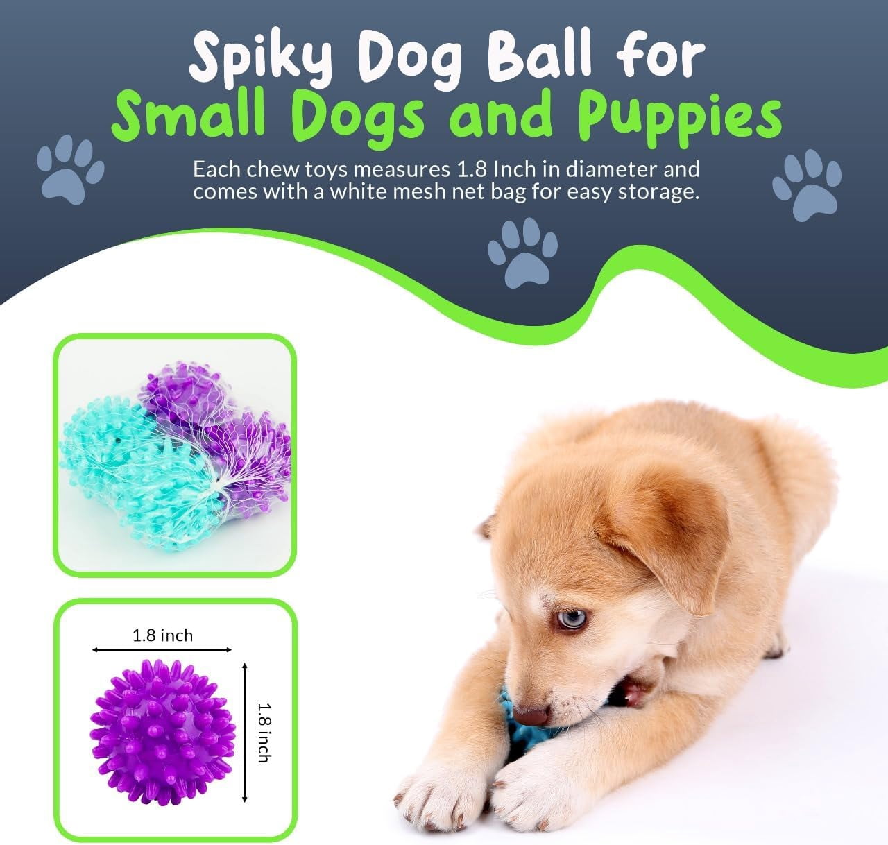 Spiky Dog Ball 1.8 Inch - Squeaky Textured Chew Toy for Small Dogs 4 Pack - Rubber Ball for Puppies, Aggressive Chewers, Gum Stimulation - Non-Toxic
