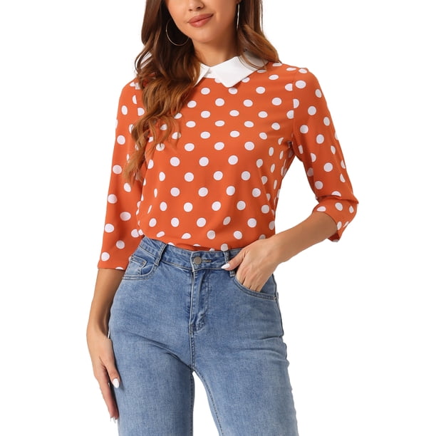 INSPIRAR CHIC Blusa de Mujer con Cuello Peter Pan en Contraste y Mangas 3/4 Color Naranja