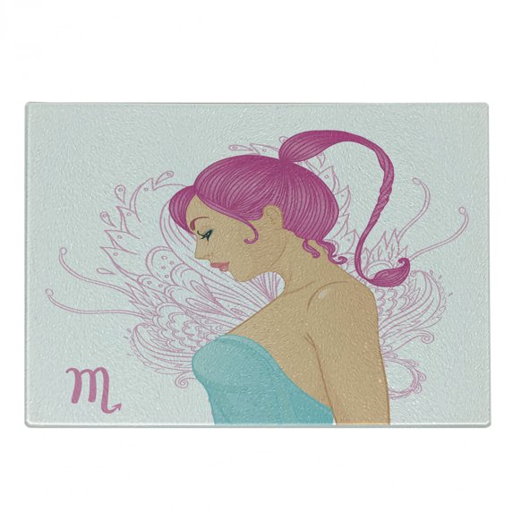 Zodiac Scorpio Cutting Board, Illustration of a Scorpio Sign as a Young Woman in a Blue Dress, Decorative Tempered Glass Cutting and Serving Board, Small Size, Pink Turquoise Beige, by Ambesonne