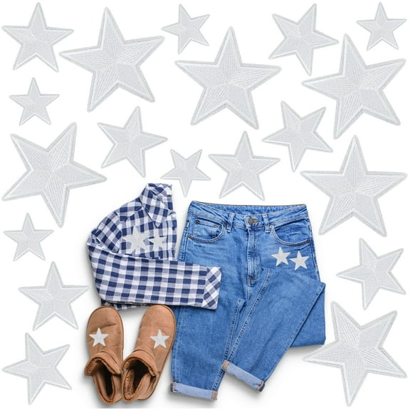 24pcs white Star Iron-On Patches - Solid Color Star Appliques for Clothes, Hats, Jeans, Socks - Durable Fabric DIY Customization
