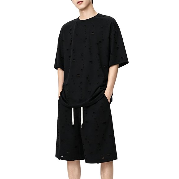Mifsaly Mens Short Sets 2 Piece Outfits Ripped Distressed Oversized T-Shirt and Shorts with Pockets Hip Hop Style Loose Fit Summer Sportswear Black,XXXXL
