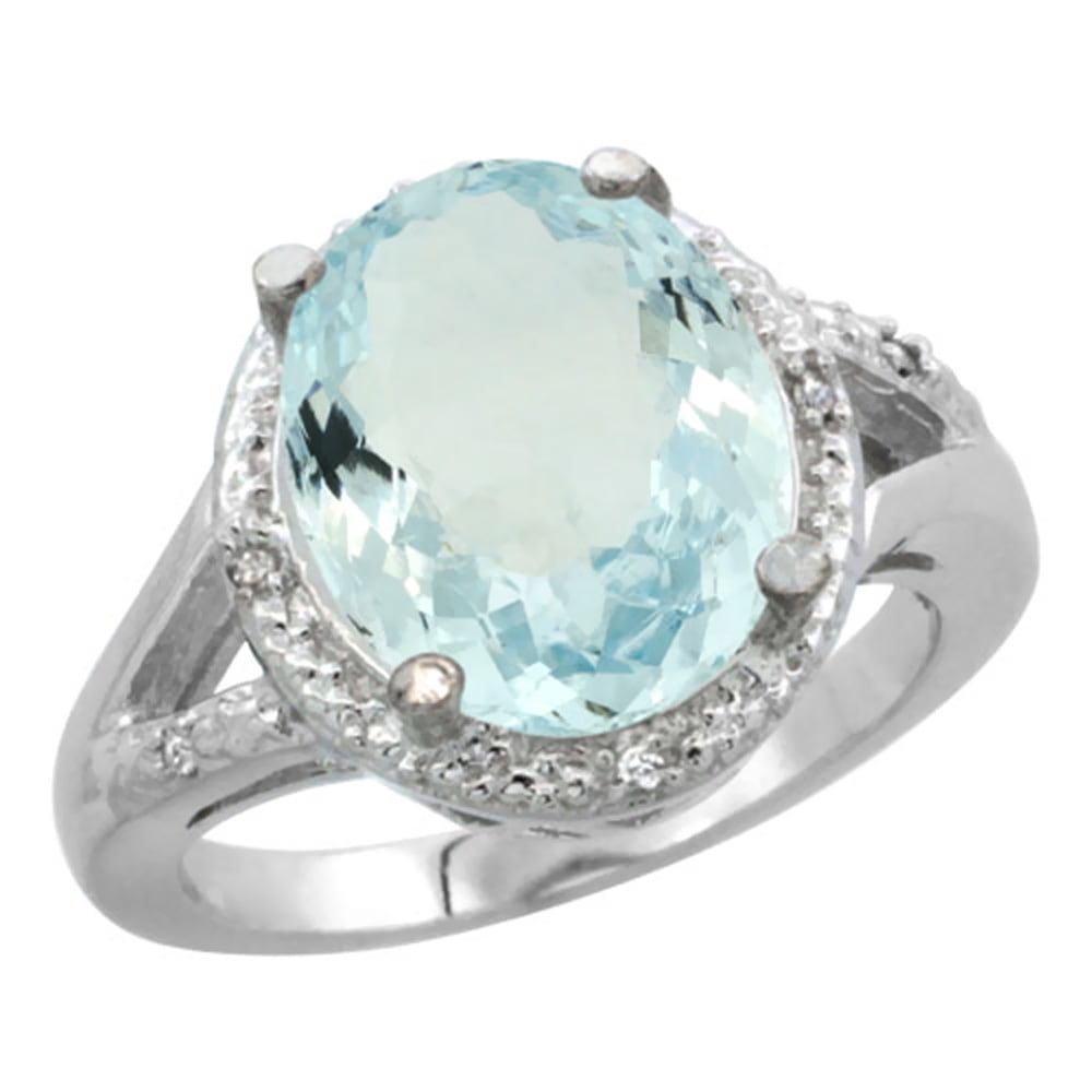 14K White Gold Natural Aquamarine Ring Oval 12x10mm Diamond Accent, size 5 by Gabriella Gold