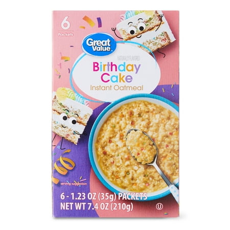 Great Value Birthday Cake Instant Oatmeal, 1.23 oz, 6 Count