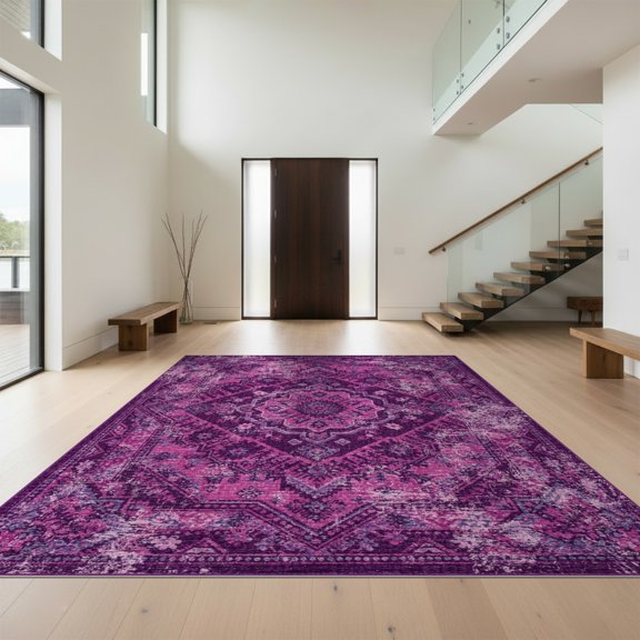 Design&I 8'x10' Washable Area Rug Pink Vintage Interlocking Weathered Scroll Symmetrical Purple for Dining Room, Large Office, Lounge, Snag-Free