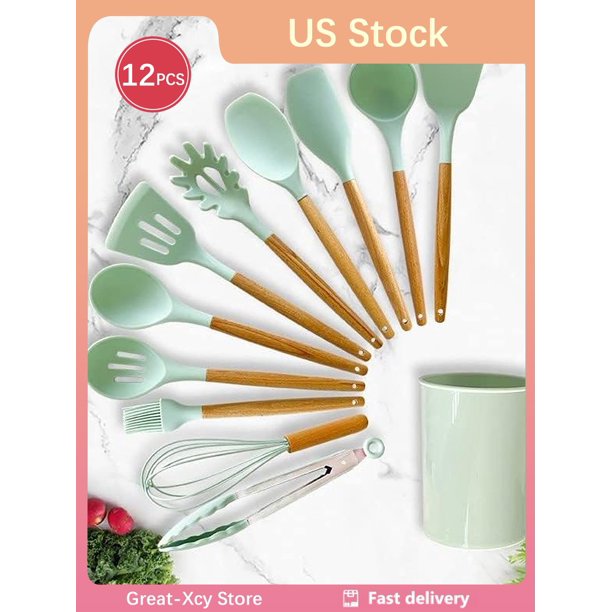 12pcs Wooden Handle Silicone Kitchen Utensils Set, Non-stick Cookware Cooking Spatula & Spoon, Silicone Skimmer, Soup Ladle, Slotted Turner