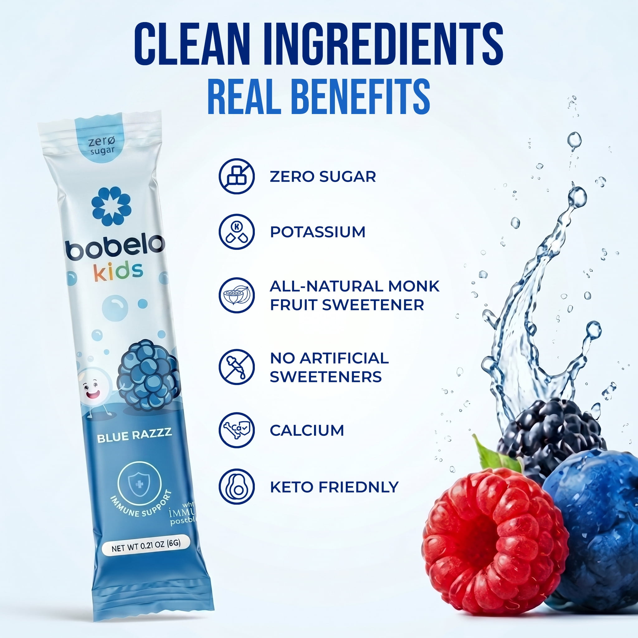 Bobelo Blue Razz, Electrolyte Powdered Drink Mix for Kids with Immuse Postbiotic,, 0.23 oz, 15 Ct