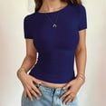 thumbnail image 2 of MIXUE Womens Tops Summer Solid Color Round Neck Short Sleeve Slim Fit Casual Soft Tunic Tshirts Activewear,Blue,M, 2 of 5