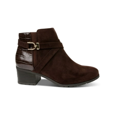 

KAREN SCOTT Womens Brown Crocodile Embossed Crisscross Straps Goring Buckle Accent Cushioned Francess Round Toe Block Heel Zip-Up Booties 5 M