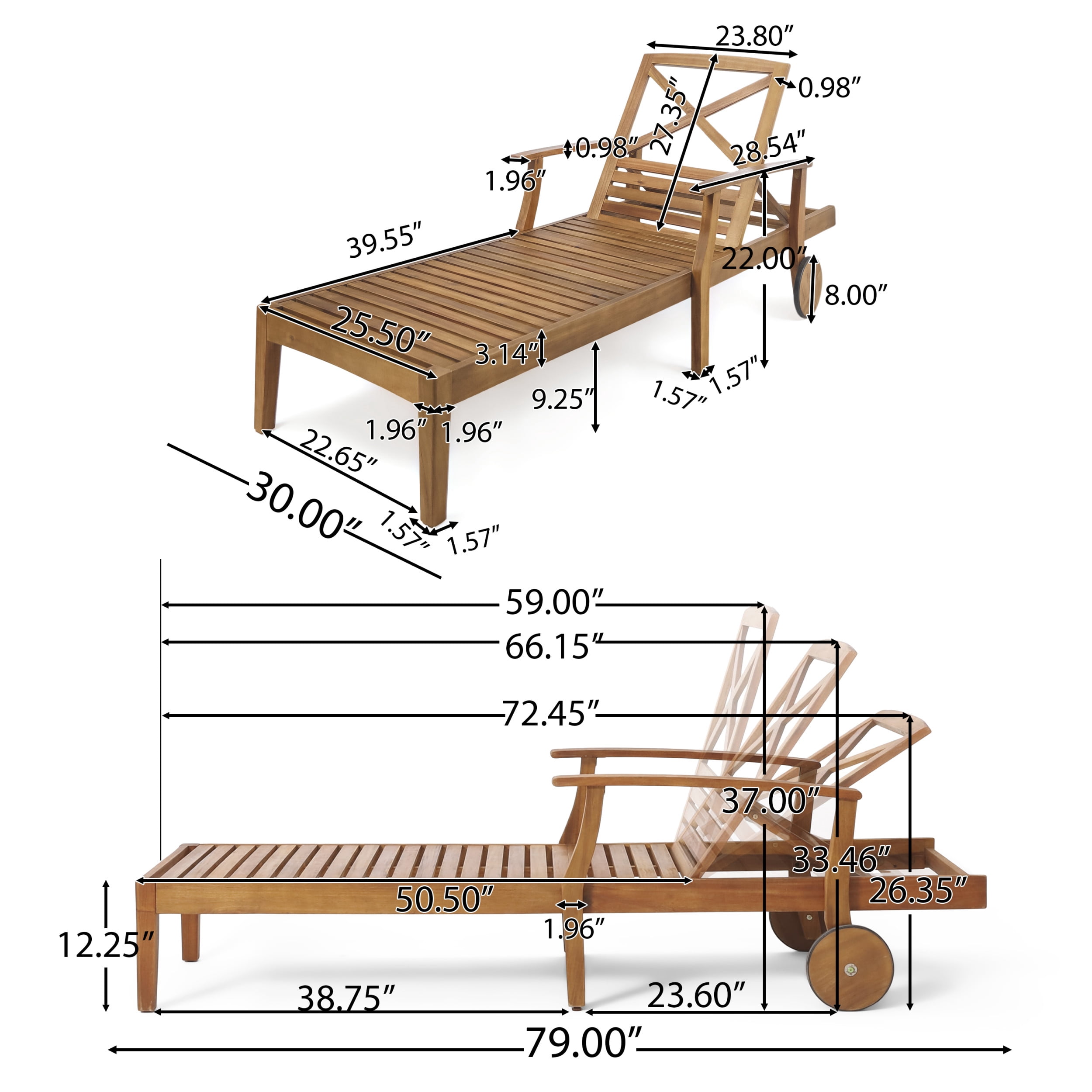 Giancarlo Outdoor Outdoor Acacia Wood 3 Piece Chaise Lounge Chat Set with Cushion, Teak/Orange