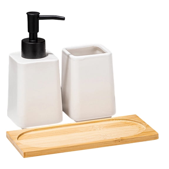 Pack of 3 Bathroom Accessories Set with Ceramic Hand Soap Dispenser Tray and Toothbrush Holder Cup for Organization