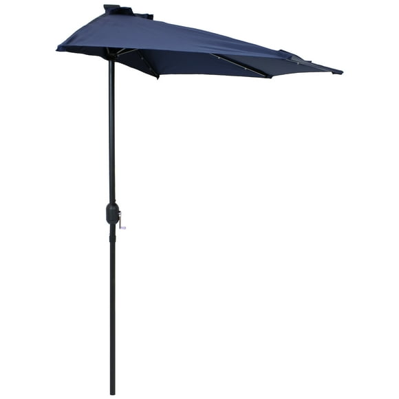 Sunnydaze Solar Outdoor Half Patio Umbrella with LED Lights and Crank - 9' - Navy Blue