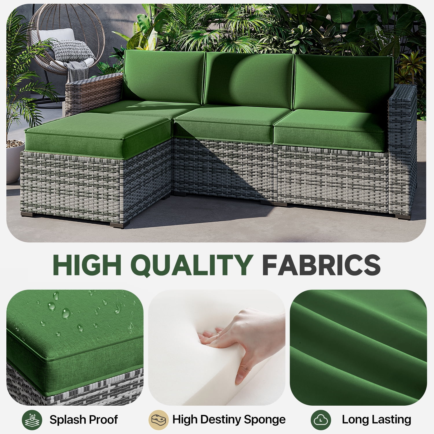 BaPiPro 4-Person Dark Green Outdoor Sectional Sofa Cushions, Waterproof Polyester Patio Cushions with High-Density Sponge, No Assembly Required, for Backyard, Balcony, Deck, Poolside