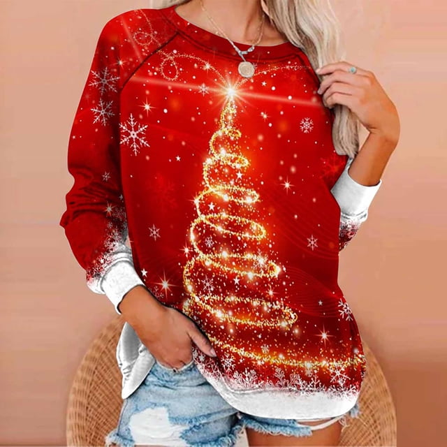 2023 Sweat-Shirt de Noël pour Femmes en Solde Imprimé de Noël Col Rond Pull Blouse Ample Sans Capuche