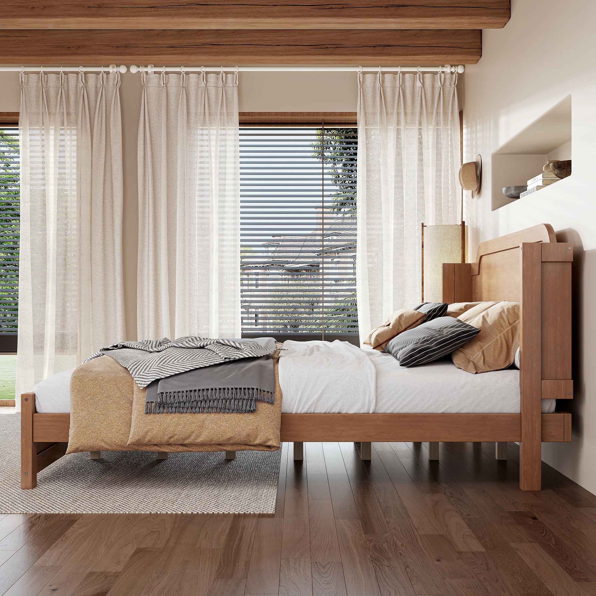 GARITIN King Solid Wood Platform Bed with Headboard, Natural Finish & Minimalist Design, Easy Assembly, No Box Spring Needed Traditional Wood Bed Frame, Natural