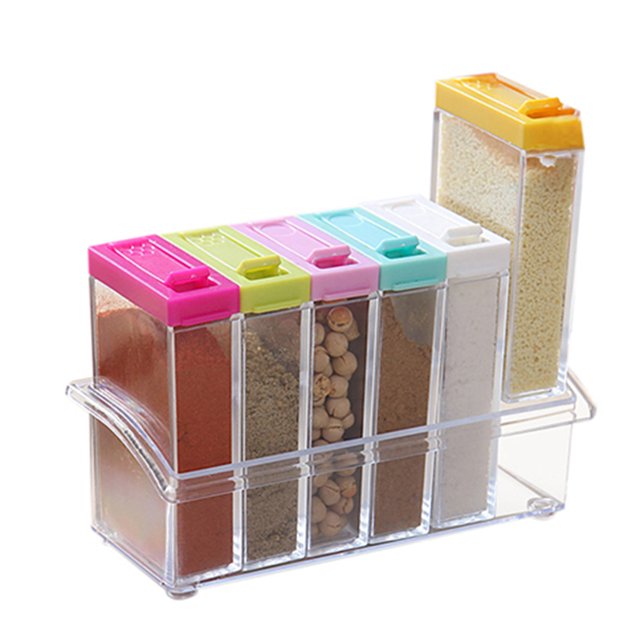 Bearachild Juego de 6 uds de tarros transparentes para especias, botella para condimentos de sal y pimienta, tapa colorida, recipiente de almacenamiento de Cocina y Comedor Vistoso Bearachild JJ20795-03B