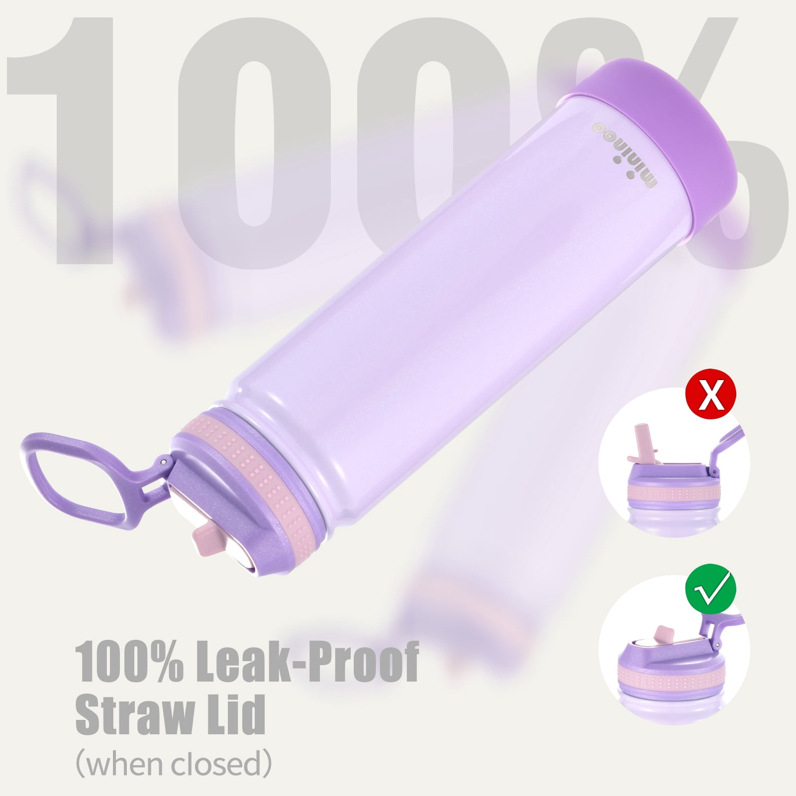 Mininoo 24 oz Insulated Stainless Steel Water Bottle with Straw Lid, Ceramic-Lined, BPA-Free, Sparkling Lavender