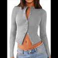 thumbnail image 1 of Blusas de Larga para Mujer, Cárdigan Ligero de Otoño, Camisetas para Salir, Blusas Acanaladas con Botones, Lindas y A Gris L, 1 of 10