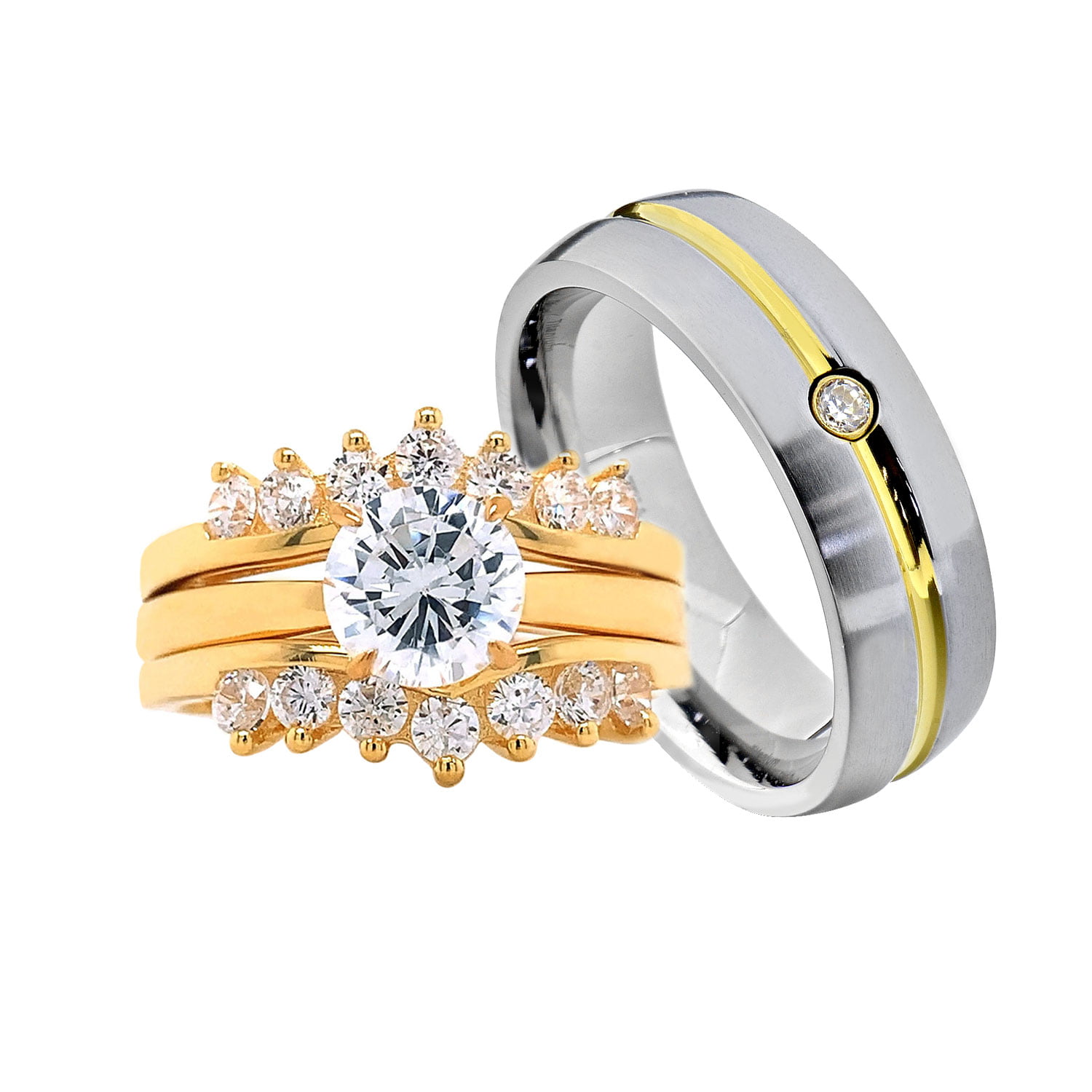 TVS-JEWELS His & Her 3-pc Trio Engagement Wedding Ring Band Set Round Cut White CZ 14k Gold Plated 