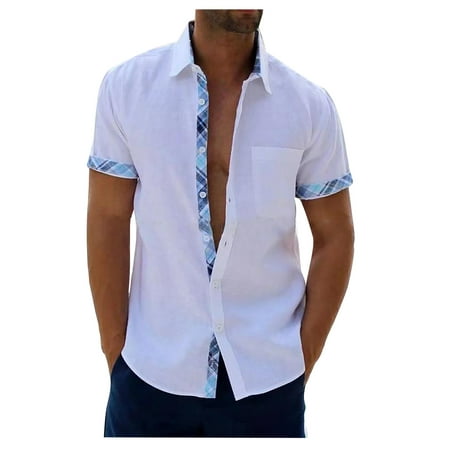 TopLLC Men's Cotton Dress Shirts Short Sleeve Plaid Collar Polo Shirt ...