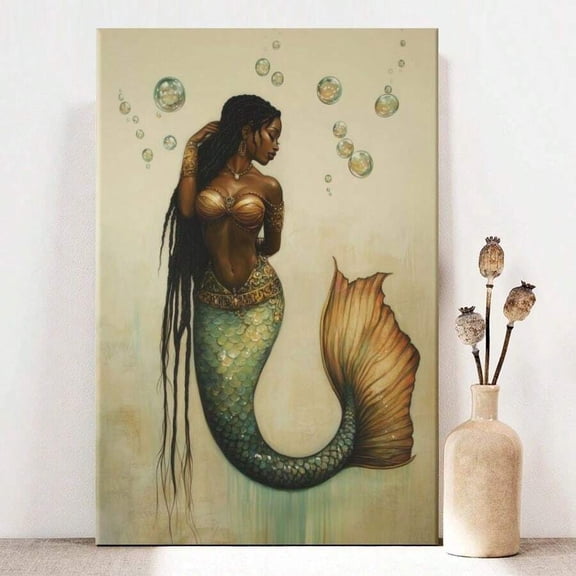 1pc Framed Canvas Wall Art, African American Woman Mermaid Art Print Canvas Poster Painting Winter Home Wall Decor, Ideal Gift For Bedroom Living Room Hallway Dorm, Ready To Hang