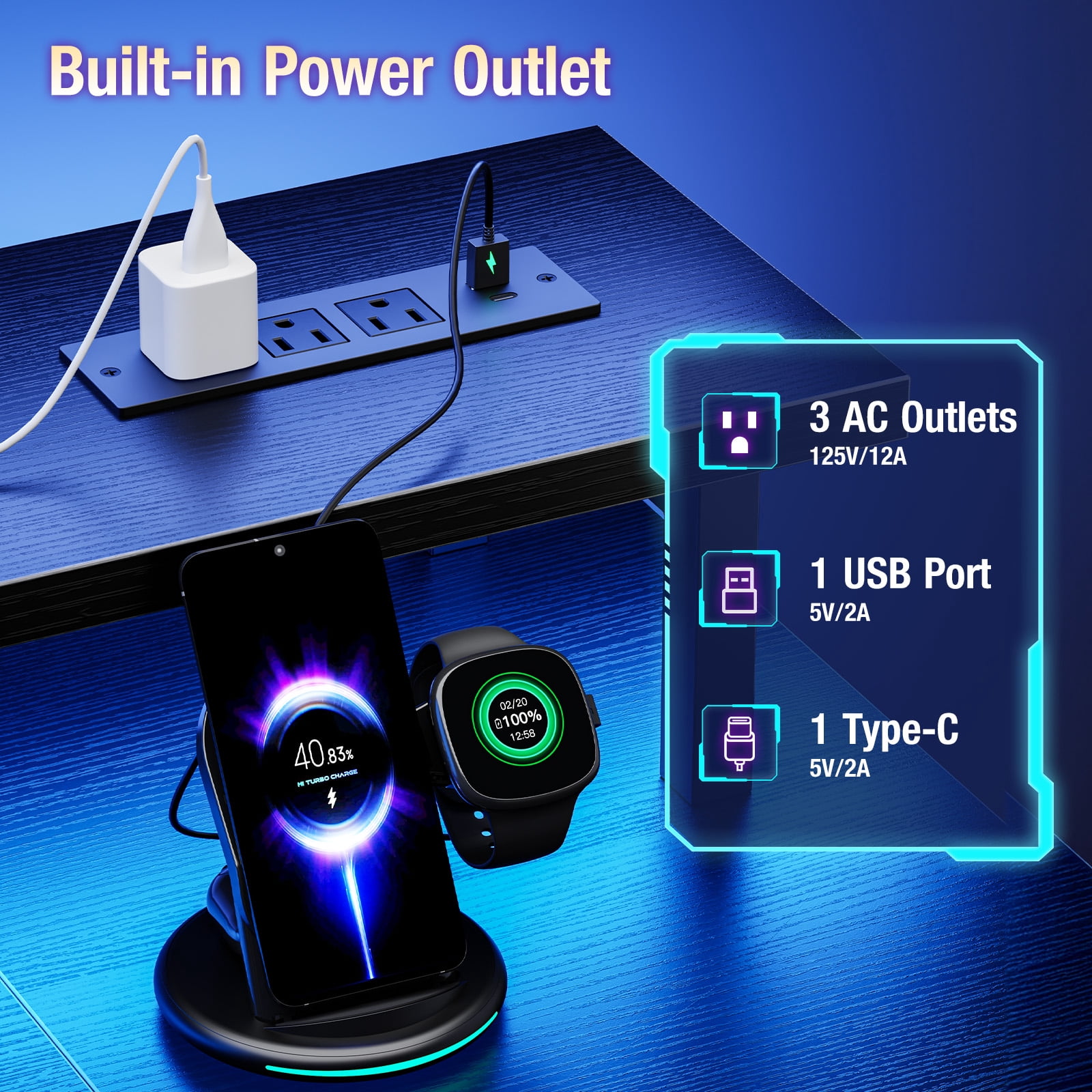 CONCETTA 48" Computer Gaming Desk with LED Light, Power Outlet, Monitor Stand, Headphone Hook, Black