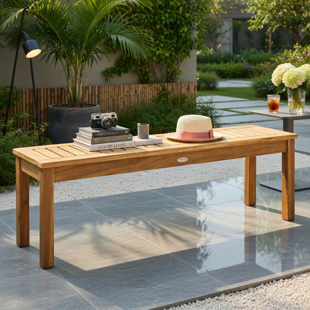 Hommoo 52" Teak-Colored Solid Acacia Wood Outdoor Dining Bench, Weather-Resistant, Patio Bench for Backyard, Garden & Patio, Natural