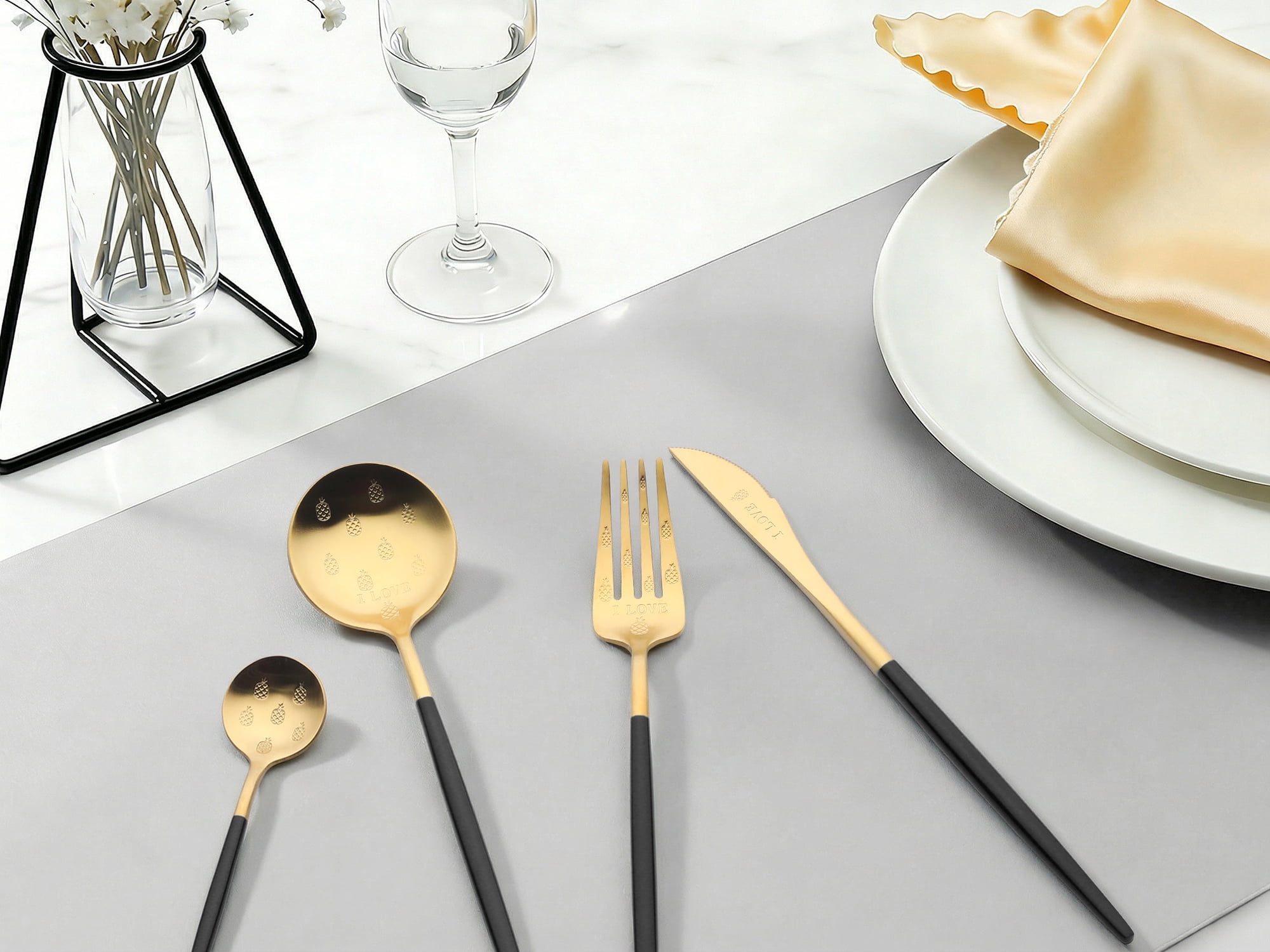 Unique Bargains 4 Piece Silverware Set, Stainless Steel Floral Flatware Set Black 4