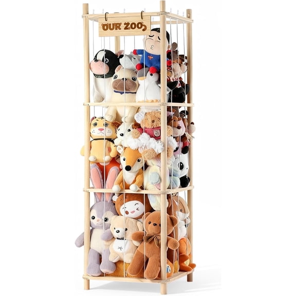 LazySpin Stuffed Animal Storage Zoo, Wooden Large Stuff Animals Plushies Holder Toy Organizer Kids