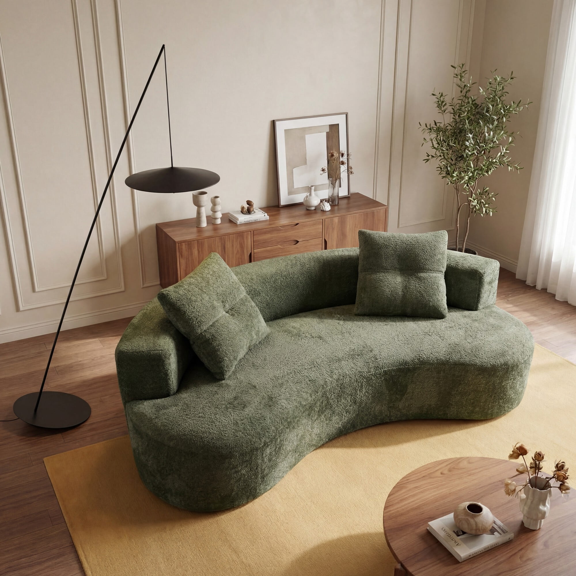 DEALTOPS 80" Curved Boucle Floor Sofa, 3-Seater Boneless Cloud Couch with 2 Pillows, No Assembly, Green
