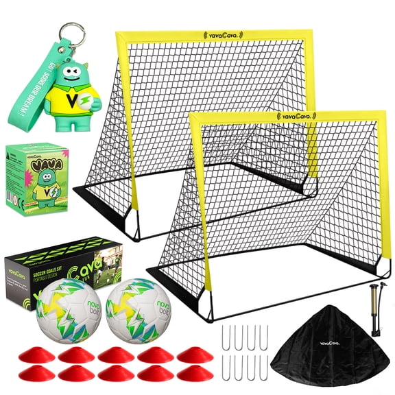 VavaCava 4'x3' Size Portable Soccer Goals Set for Backyard Fun, 2 Nets, 2 Size 3 Balls,10 Marker Cones,Pump & Carry Bag, Outdoor Games for Backyard, Beach, Park, Lawn, Kids Soccer Training Equipment