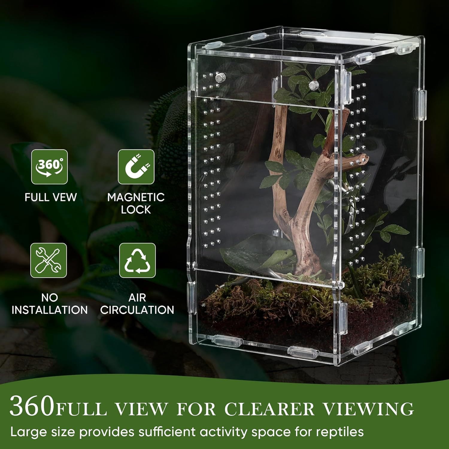 Clear Acrylic Reptile Terrarium, 12x12x20cm Full View Small Enclosure with Magnetic Lock, Multi-Side Ventilation Holes, Habitat for Jumping Spiders, Tree Frogs, Insects, Small Reptiles & Amphibians