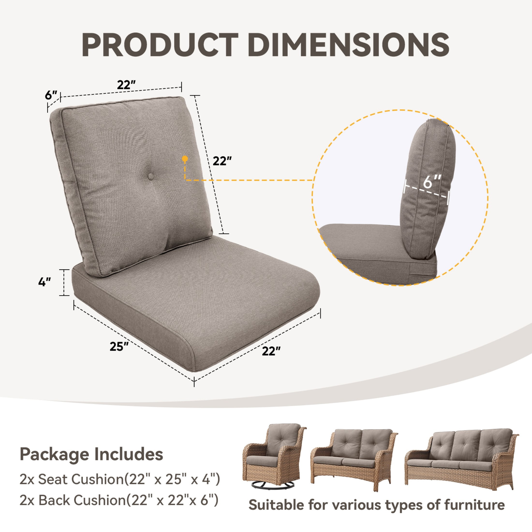 Unnifurnzi Outdoor Deep Seat Cushions Set of 2-22 x 25 x 4 Inch Outdoor Furniture Cushion with Water Resistant & Removable Cover Outdoor Chair Cushion for Patio Furniture Sofa Couch-Gray