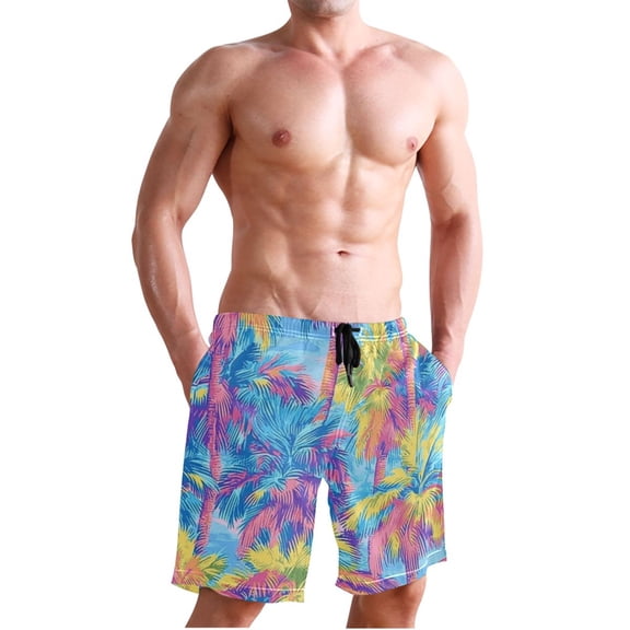 Dailycode Men's Quick Dry Swim Trunks Beach Shorts Casual Summer Board Shorts with Pockets, Vibrant Color Palm Trees