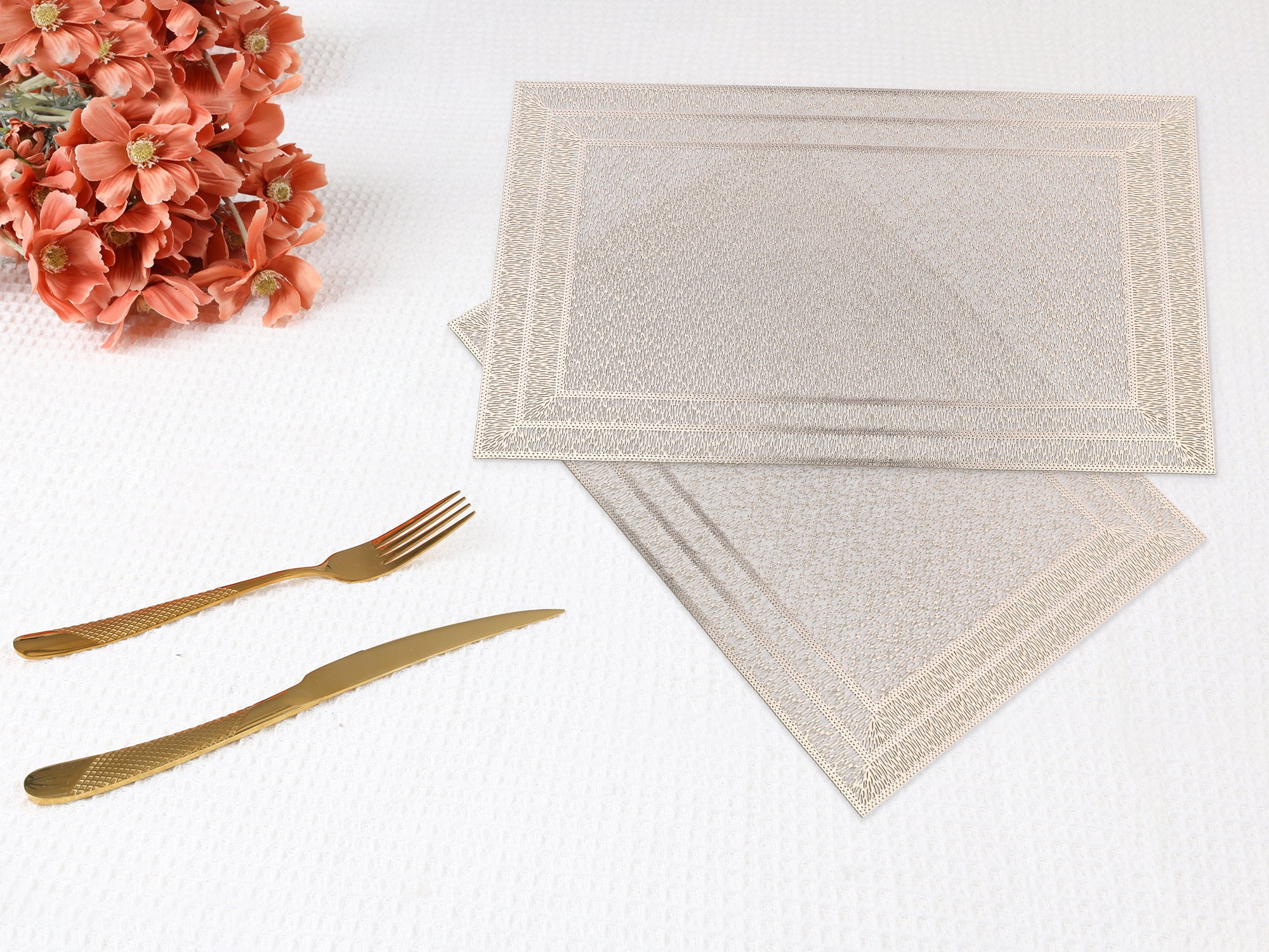 Unique Bargains Washable Placemats Set of 6 Trimmed Placemats for Dining Table Gold