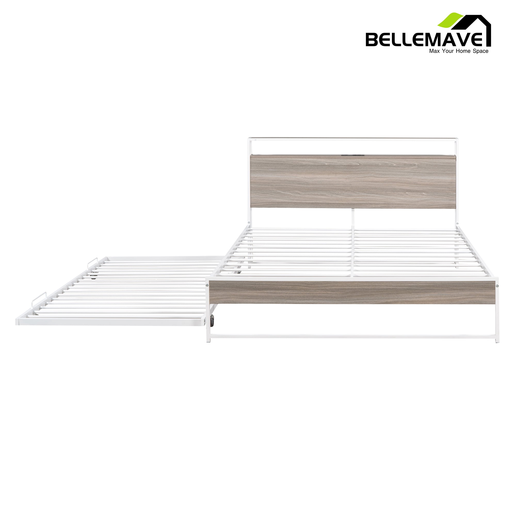 Bellemave Queen Platform Bed Frame with Twin Size Trundle, Usb Ports and Storage Shelf, Metal Queen Bed Frame with Headboard, Noise-Free, No Box Spring Needed(White)
