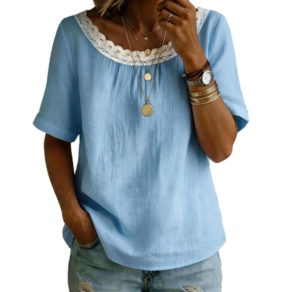 Msgweeeg Womens Short Sleeve Shirts Crew Neck Womens Clothes Solid Color Lace Regular Fit Summer Casual Womens Dressy Tops and Blouses for Everyday Casual Wear