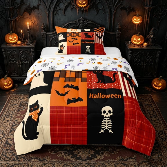Manfei Retro Patchwork Halloween Print Twin Comforter Sets for All, Black Orange Ghost Cat Bat Bedding Set, Halloween Reversible, 2 Pieces, 1 Comforter and 1 Pillowcase