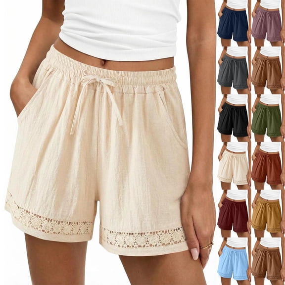 Zynoxe Women's Plus Size Linen Shorts Drawstring Elastic Waist Mid Thigh Length Shorts Trendy Lace Hollow Out Summer Shorts for Women Breathable Casual Solid Color Shorts with Pockets M