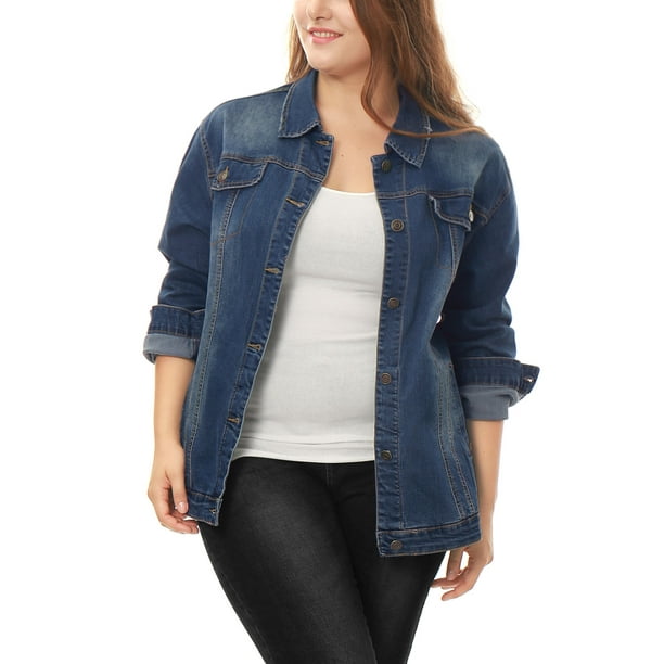 Women Plus Size Stitching Button Front Washed Denim Jacket Blue 3X