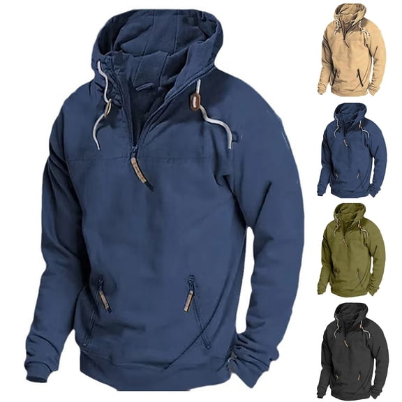 Mwjwdo Men's Winter Quarter Zip Trendy Hooded Sweatshirt Multi Pockets Jacket Sportwear Long Sleeve Solid Pullover Navy XL
