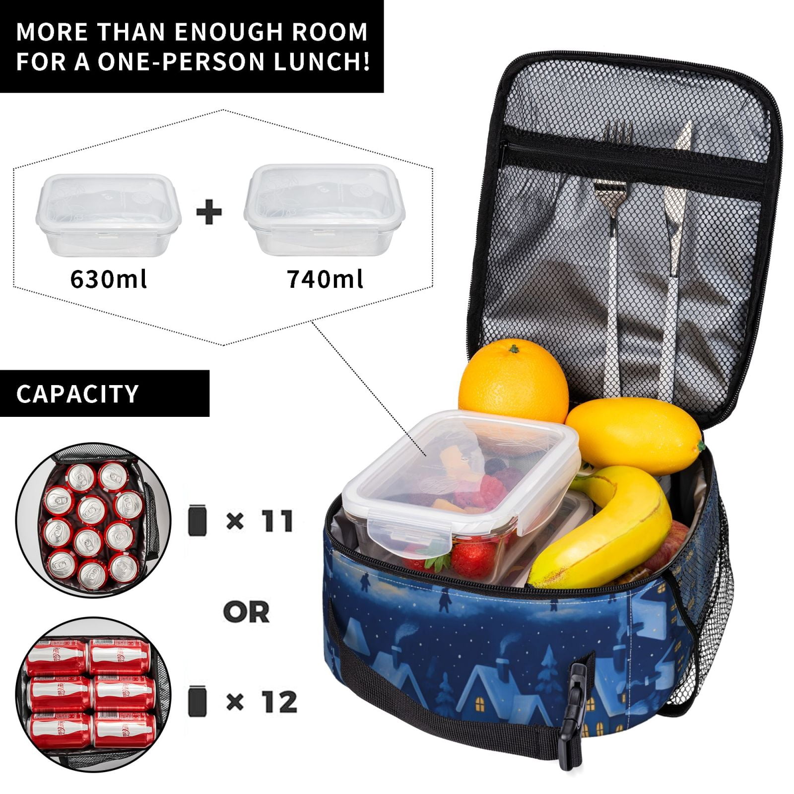 Lunch Bag For Women Men Insulated Portable Lunch Box Bento Box Office Picnic Travel Cooler Bag Magical Christmas Village Night Pattern